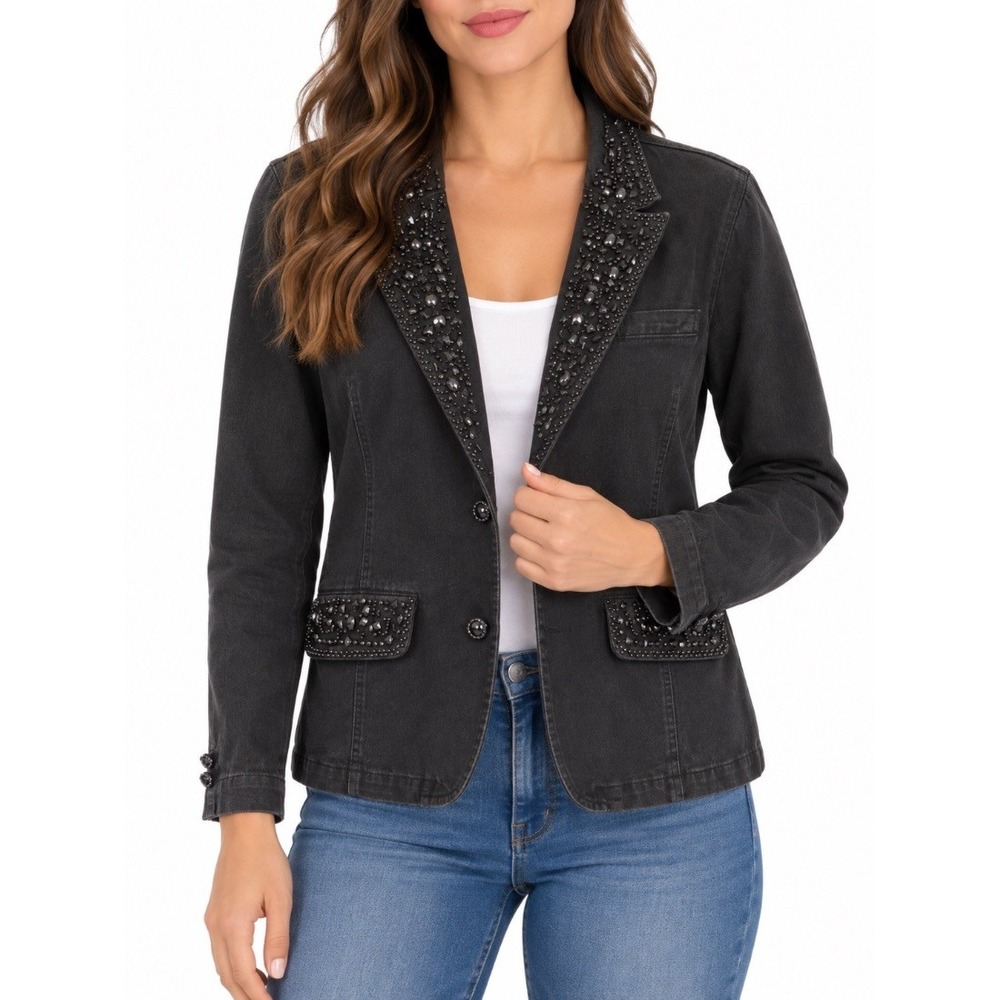 DG2 Diane Gilman Womens Black Denim Blazer Jacket Embellished Beaded Sz M